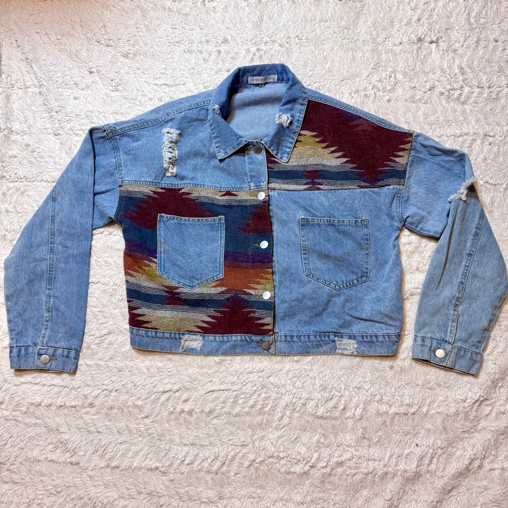 Miss Sparkling Contrast Denim Western Jacket – Size Large | Aztec print cowgirl